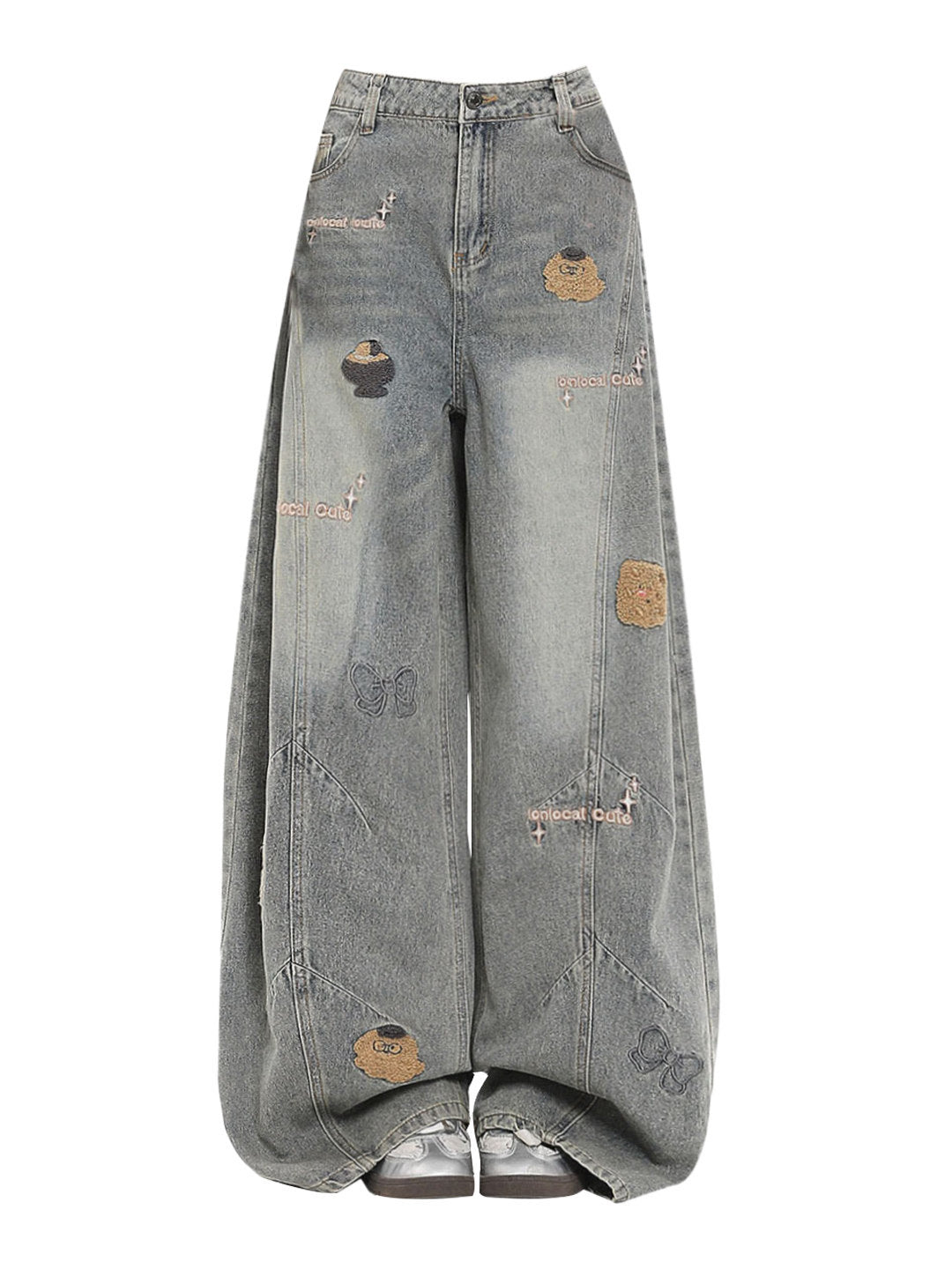 Vintage Washed Cartoon Embroidery Wide Leg Curved Baggy Denim Jeans